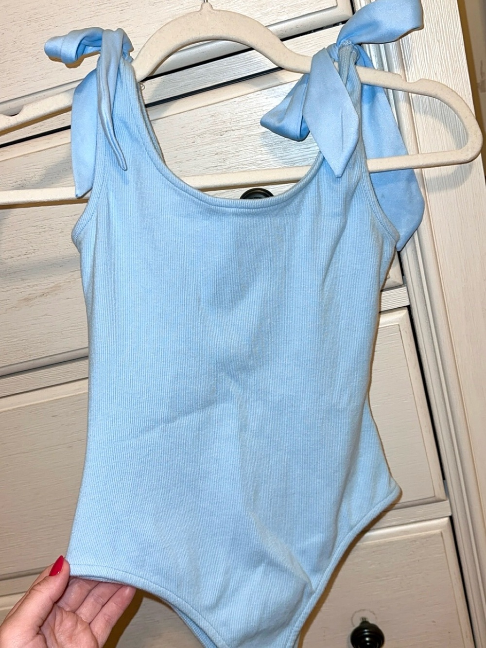 Light Blue Tie-Shoulder Ribbed Women’s Boutique Bodysuit
